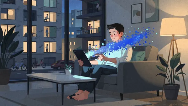 Illustration of a young man in a minimalist apartment swiping away clutter on a large tablet