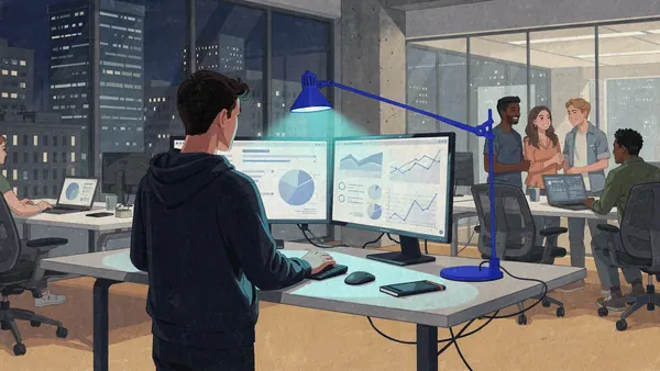 Illustration of an engineer in a hoodie at a standing desk with two monitors full of abstract charts