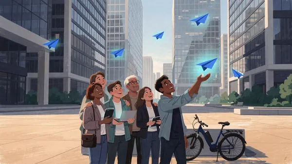 Illustration of friends in a modern city plaza looking up and smiling as small glowing cobalt blue paper planes drift down between glass buildings