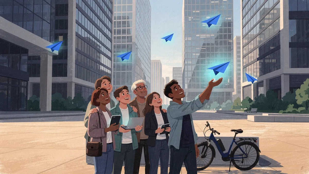 Illustration of friends in a modern city plaza looking up and smiling as small glowing cobalt blue paper planes drift down between glass buildings