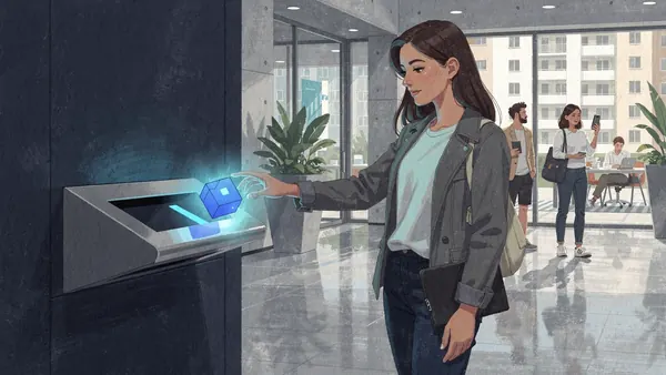 Illustration of a woman dropping a small cobalt blue glowing cube into a sleek modern recycling chute in a clean contemporary building lobby
