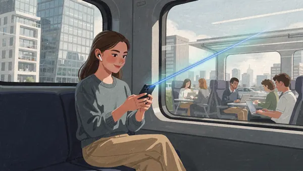 Illustration of a young woman on a high speed train sending money from her phone to a friend on another continent, a thin cobalt blue line of light leaving the phone through the window toward the horizon
