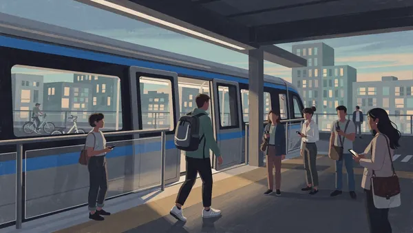 Painting of a commuter train with a cobalt blue stripe arriving at a modern elevated city station in the evening, passengers waiting on the platform