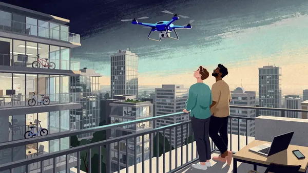 Illustration of a young couple on the balcony of a modern high-rise at sunrise watching a cobalt blue drone rise high above the city