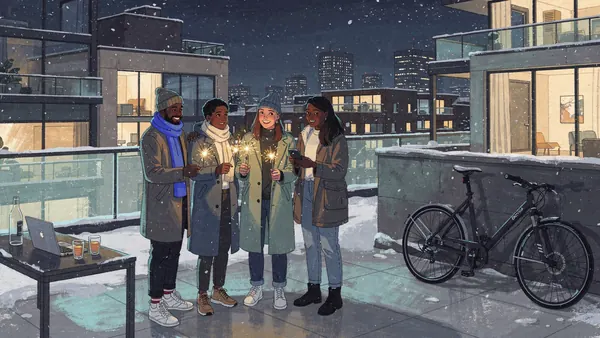 Illustration of friends celebrating New Year's Eve on a modern apartment rooftop with sparklers