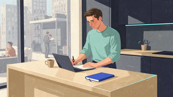 Painting of a man reading through a thick stack of documents at a wooden kitchen table with a cup of coffee, making pencil notes