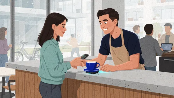 Illustration of a young customer paying at a modern coffee bar by tapping her phone, a barista smiling