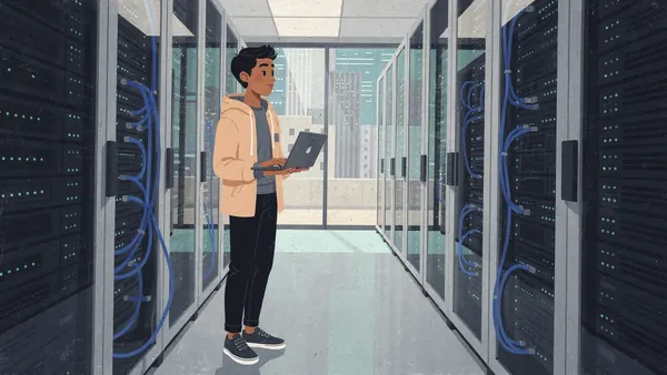 Illustration of a young technician with a laptop in a clean modern data center aisle