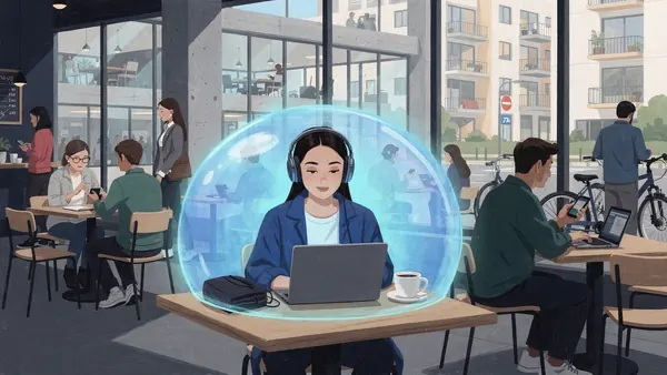 Painting of a woman writing in a diary in a busy cafe with a large window open to the street