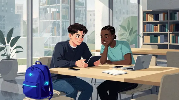 Painting of two people in an old library, an older woman explaining something to a young man, books open on a long wooden table
