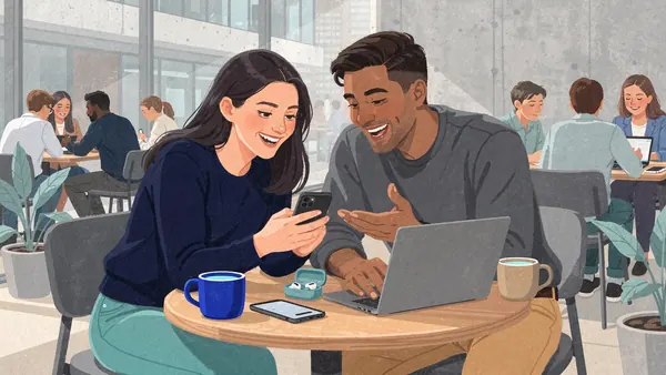 Illustration of a young woman helping her friend set up an app on his phone in a cozy modern café