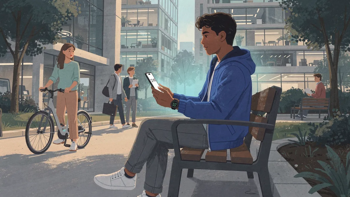 Illustration of a man on a park bench in a modern city glancing at his smartwatch and phone, a calm green status light