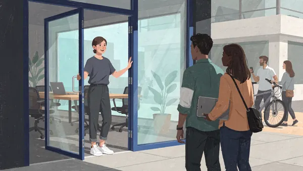 Illustration of a friendly young woman opening the glass door of a bright modern studio, welcoming two visitors in