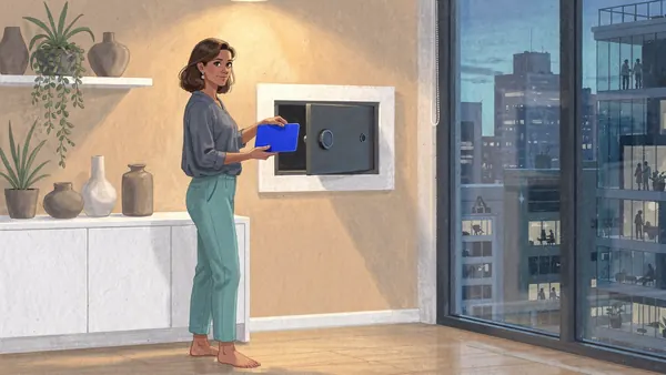 Painting of a woman in a modern apartment putting a blank cobalt blue metal plate into a small wall safe