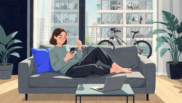 Illustration of a young woman relaxing on a sofa in a bright modern apartment checking her phone with a calm smile