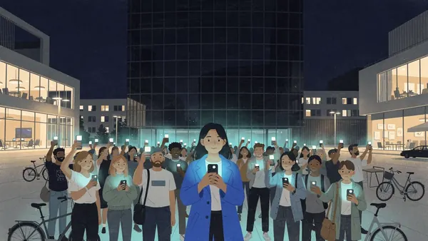 Painting of a crowd in a modern city square at night lighting the square with their phones while a large glass tower behind them is dark, a woman in a cobalt blue coat in front