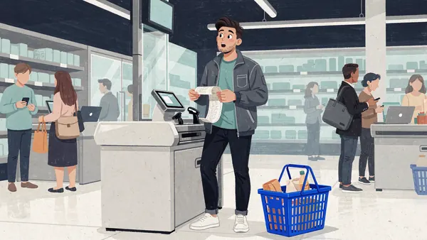 Painting of an old man counting coins in his palm at a small corner shop while the shopkeeper waits kindly